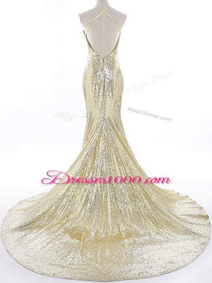 Adorable Gold Prom Dresses Prom and Military Ball with Sequins Straps Sleeveless Brush Train Backless