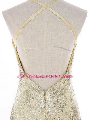 Adorable Gold Prom Dresses Prom and Military Ball with Sequins Straps Sleeveless Brush Train Backless