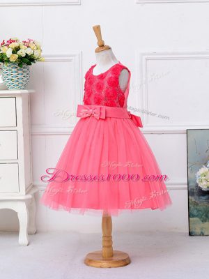 Knee Length Ball Gowns Sleeveless Hot Pink Little Girl Pageant Gowns Lace Up