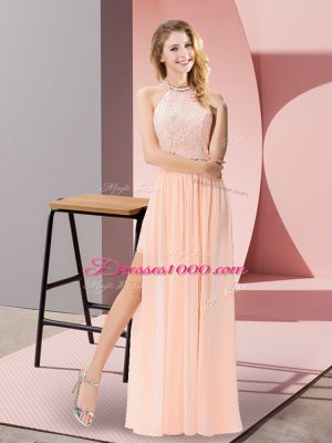 Column/Sheath Junior Homecoming Dress Peach Halter Top Chiffon Sleeveless Floor Length Backless