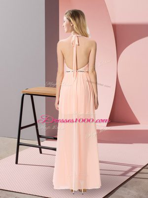 Column/Sheath Junior Homecoming Dress Peach Halter Top Chiffon Sleeveless Floor Length Backless