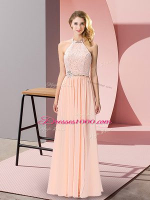 Column/Sheath Junior Homecoming Dress Peach Halter Top Chiffon Sleeveless Floor Length Backless