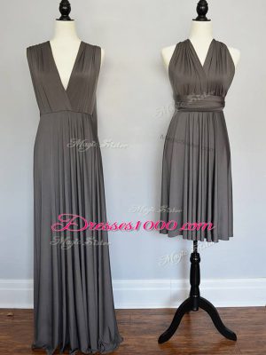 Vintage Grey Chiffon Lace Up V-neck Sleeveless Floor Length Bridesmaids Dress Ruching