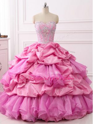 Attractive Ball Gowns Ball Gown Prom Dress Rose Pink Sweetheart Organza and Taffeta Sleeveless Floor Length Lace Up