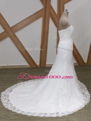 Sleeveless Brush Train Lace Lace Up Wedding Dresses