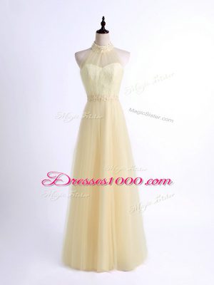 Deluxe Light Yellow Lace Up Halter Top Lace and Appliques Wedding Guest Dresses Tulle Sleeveless