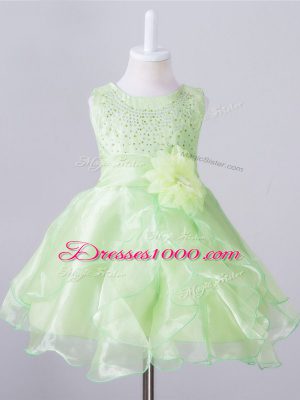 Wonderful Sleeveless Knee Length Beading and Hand Made Flower Zipper Little Girls Pageant Gowns with Yellow Green