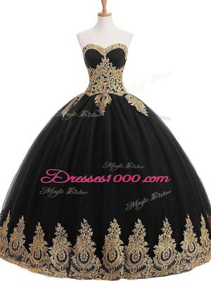 Black Ball Gowns Tulle Strapless Sleeveless Appliques Floor Length Lace Up Sweet 16 Dresses