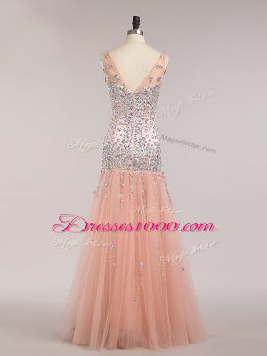 Dazzling V-neck Sleeveless Zipper Pageant Dresses Peach Tulle