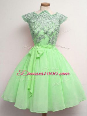 Romantic Chiffon Lace Up Scalloped Cap Sleeves Knee Length Quinceanera Court Dresses Lace and Belt