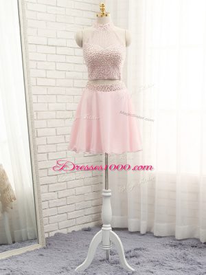 Customized Pink Prom Party Dress Prom and Party and Sweet 16 with Beading Halter Top Sleeveless Zipper