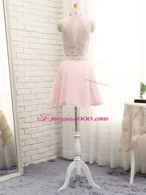 Customized Pink Prom Party Dress Prom and Party and Sweet 16 with Beading Halter Top Sleeveless Zipper