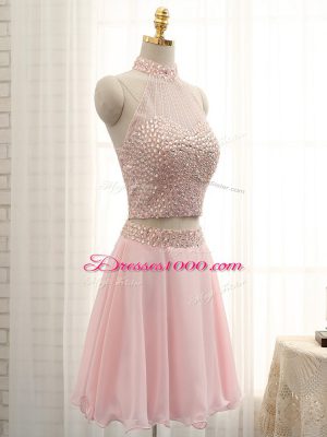 Customized Pink Prom Party Dress Prom and Party and Sweet 16 with Beading Halter Top Sleeveless Zipper