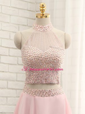 Customized Pink Prom Party Dress Prom and Party and Sweet 16 with Beading Halter Top Sleeveless Zipper