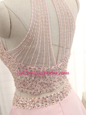 Customized Pink Prom Party Dress Prom and Party and Sweet 16 with Beading Halter Top Sleeveless Zipper