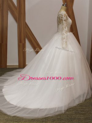 Pretty White Ball Gowns Scoop Long Sleeves Tulle Brush Train Clasp Handle Lace Bridal Gown