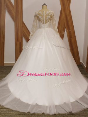 Pretty White Ball Gowns Scoop Long Sleeves Tulle Brush Train Clasp Handle Lace Bridal Gown