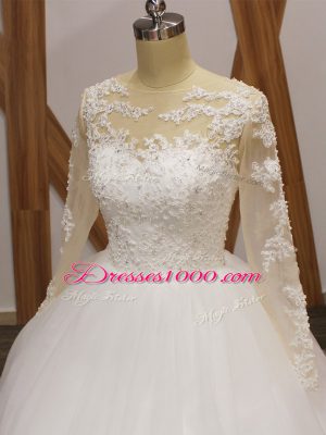 Pretty White Ball Gowns Scoop Long Sleeves Tulle Brush Train Clasp Handle Lace Bridal Gown