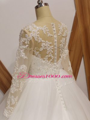 Pretty White Ball Gowns Scoop Long Sleeves Tulle Brush Train Clasp Handle Lace Bridal Gown