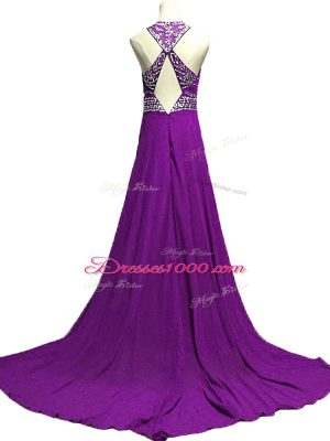 Extravagant Empire Sleeveless Eggplant Purple Brush Train Backless