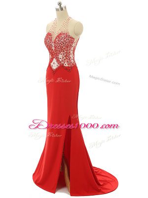 Dazzling Beading Prom Dresses Red Backless Sleeveless Brush Train