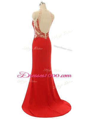 Dazzling Beading Prom Dresses Red Backless Sleeveless Brush Train