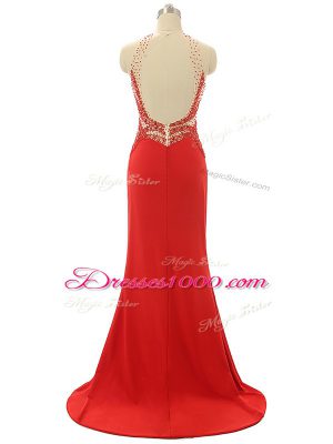 Dazzling Beading Prom Dresses Red Backless Sleeveless Brush Train