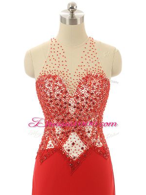 Dazzling Beading Prom Dresses Red Backless Sleeveless Brush Train