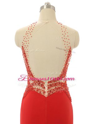 Dazzling Beading Prom Dresses Red Backless Sleeveless Brush Train