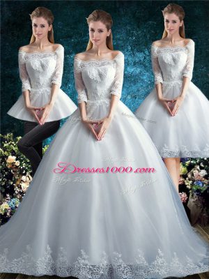Off The Shoulder Half Sleeves Tulle Wedding Dresses Lace Court Train Clasp Handle