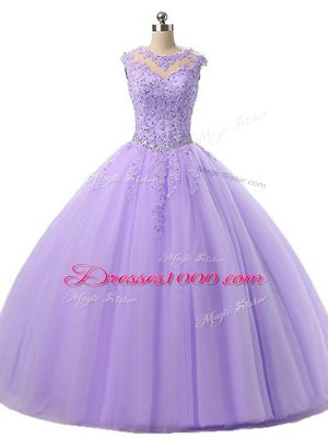 Tulle Scoop Sleeveless Lace Up Beading and Lace Quinceanera Gowns in Lavender