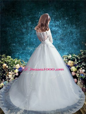 Luxurious White Tulle Clasp Handle Off The Shoulder Half Sleeves Toddler Flower Girl Dress Brush Train Lace