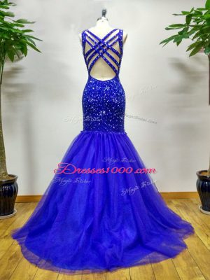 Sleeveless Brush Train Criss Cross Beading Prom Dresses