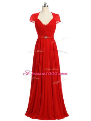Red Sweetheart Neckline Beading and Ruching and Belt Prom Dress Short Sleeves Zipper
