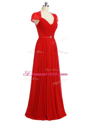 Red Sweetheart Neckline Beading and Ruching and Belt Prom Dress Short Sleeves Zipper