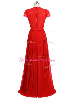 Red Sweetheart Neckline Beading and Ruching and Belt Prom Dress Short Sleeves Zipper