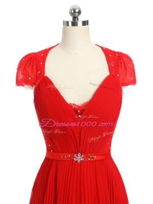 Red Sweetheart Neckline Beading and Ruching and Belt Prom Dress Short Sleeves Zipper