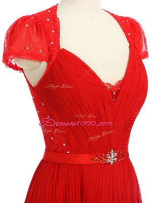 Red Sweetheart Neckline Beading and Ruching and Belt Prom Dress Short Sleeves Zipper