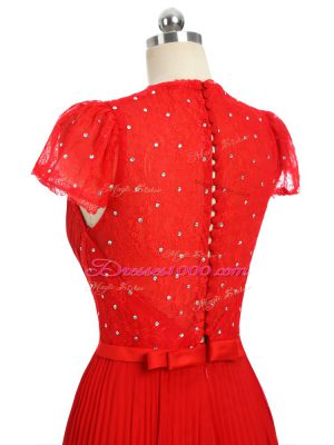 Red Sweetheart Neckline Beading and Ruching and Belt Prom Dress Short Sleeves Zipper