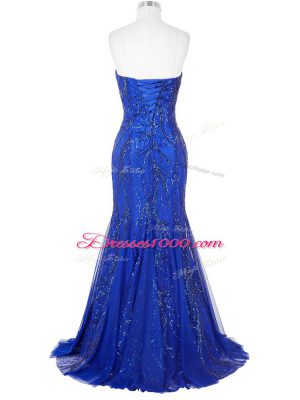 Affordable Tulle Sweetheart Sleeveless Brush Train Lace Up Sequins Womens Evening Dresses in Royal Blue