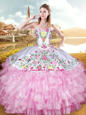 Charming Rose Pink Lace Up Vestidos de Quinceanera Embroidery and Ruffled Layers Sleeveless Floor Length