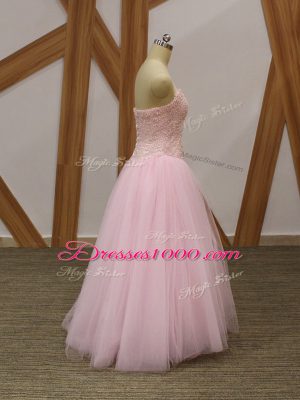 Smart Floor Length Baby Pink High School Pageant Dress Tulle Sleeveless Beading