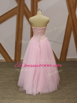 Smart Floor Length Baby Pink High School Pageant Dress Tulle Sleeveless Beading