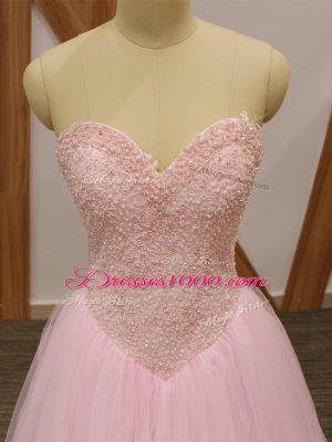 Smart Floor Length Baby Pink High School Pageant Dress Tulle Sleeveless Beading