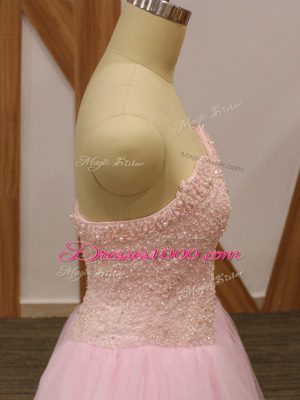 Smart Floor Length Baby Pink High School Pageant Dress Tulle Sleeveless Beading