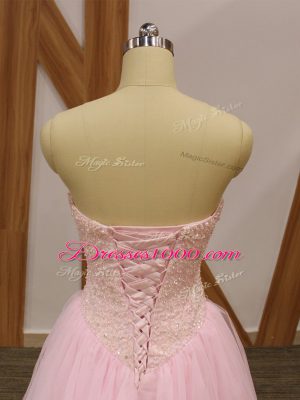 Smart Floor Length Baby Pink High School Pageant Dress Tulle Sleeveless Beading