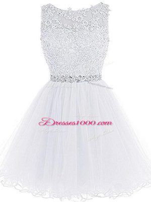 Sleeveless Tulle Mini Length Zipper Evening Dress in White with Beading and Lace and Appliques