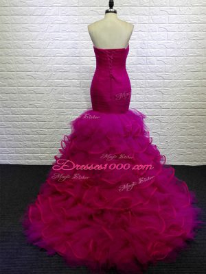 Fabulous Mermaid Sleeveless Fuchsia Pageant Dress Wholesale Brush Train Lace Up