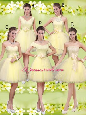 Light Yellow Tulle Lace Up V-neck Sleeveless Knee Length Quinceanera Court Dresses Lace and Belt