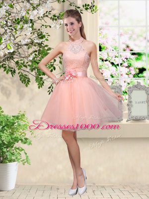 Light Yellow Tulle Lace Up V-neck Sleeveless Knee Length Quinceanera Court Dresses Lace and Belt